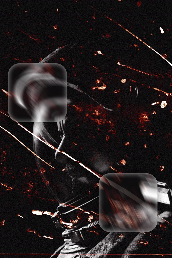 Black and red collage of a helmeted figure with blurred glass panels