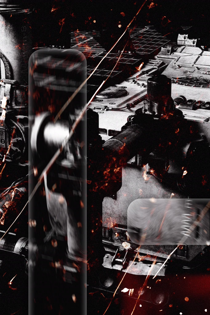 Black and red collage of industrial machinery with blurred glass panels