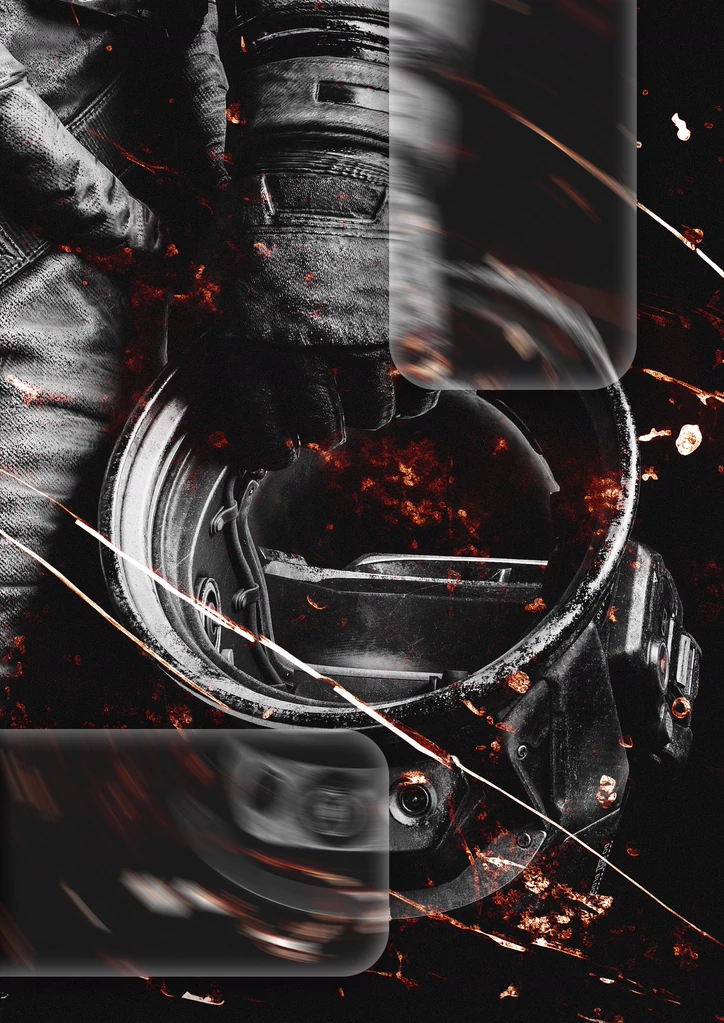 Black and red collage of a mechanical pressure gauge with blurred glass panels