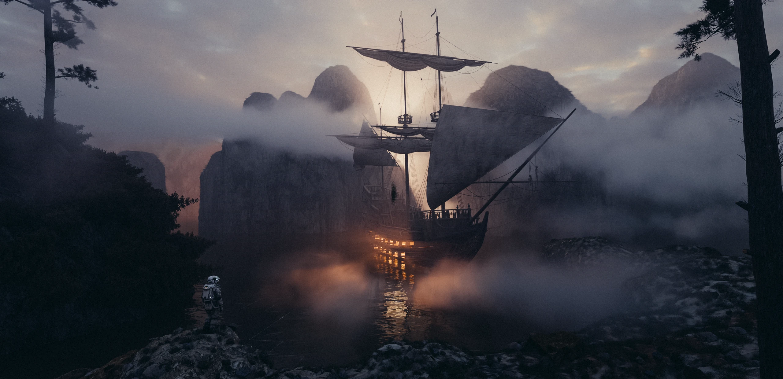 An astronaut stands on a rocky shore facing a sailing ship with warm lights amid fog and dark cliffs.