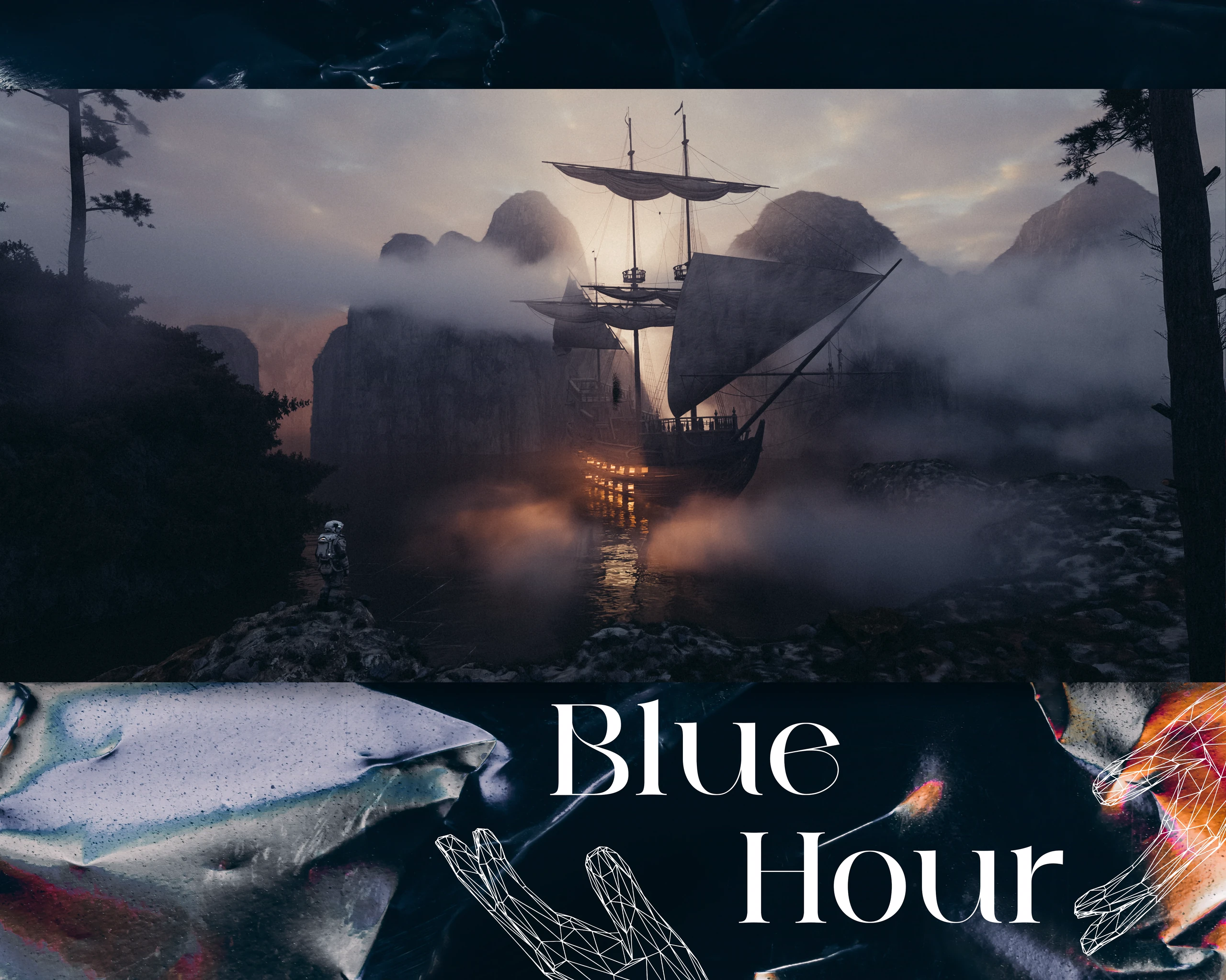 Presentation sheet for Blue Hour with the sailing ship and astronaut scene.