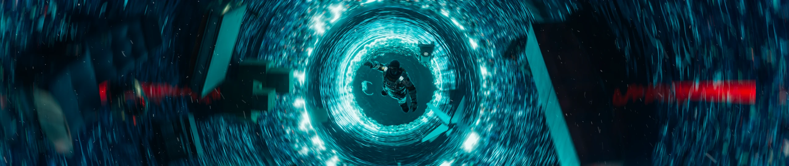 An astronaut falls at the center of a panoramic cyan-lit tunnel with concentric rings and small red lights.