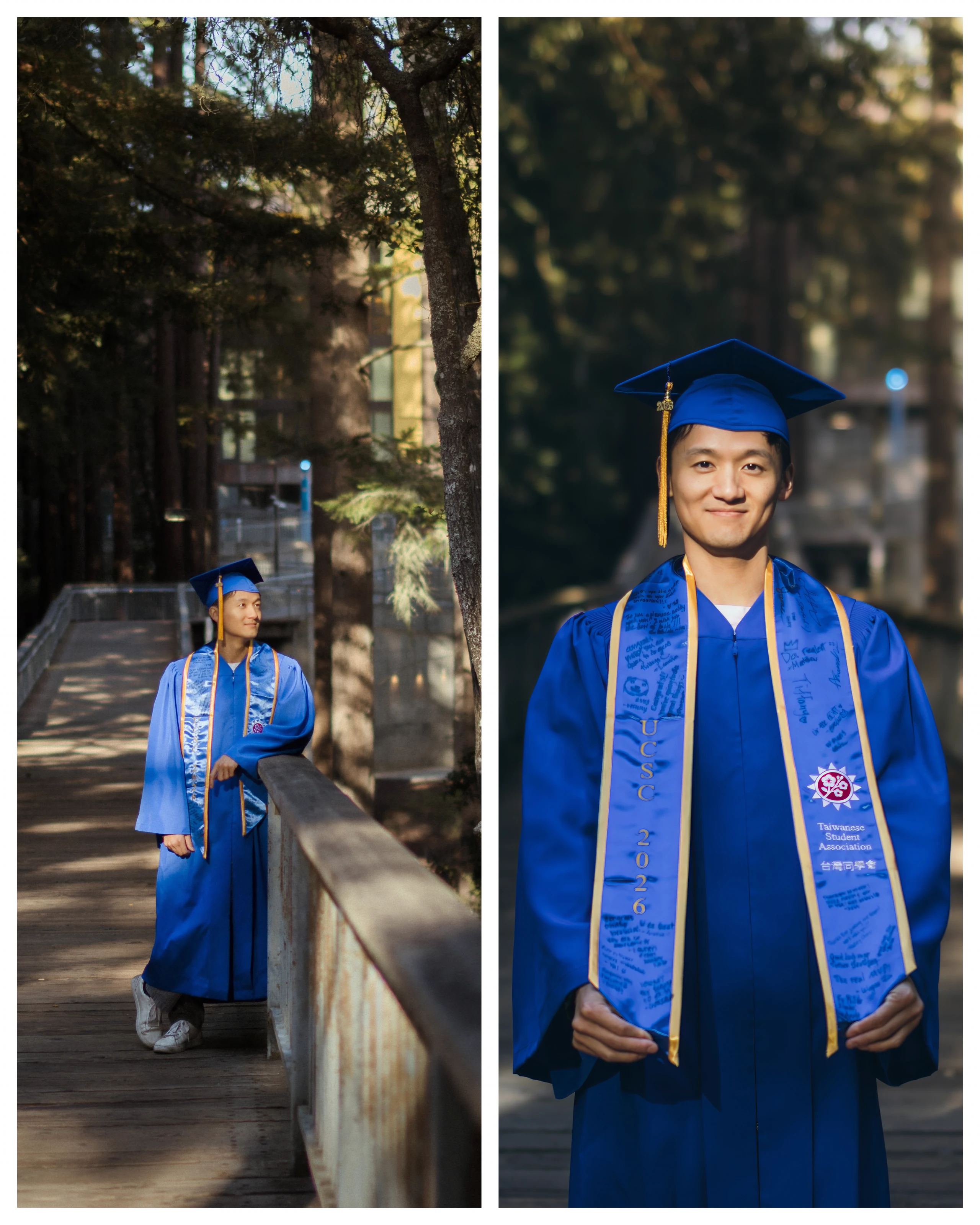 Two portraits of the graduate in a blue gown, beside a shaded walkway and facing the camera among trees.