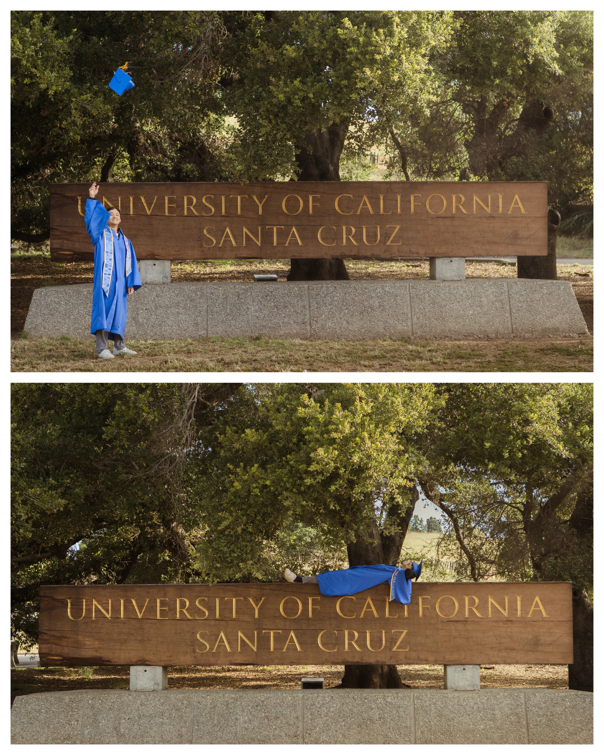 Two photographs of the graduate tossing a blue cap beside the University of California Santa Cruz sign.
