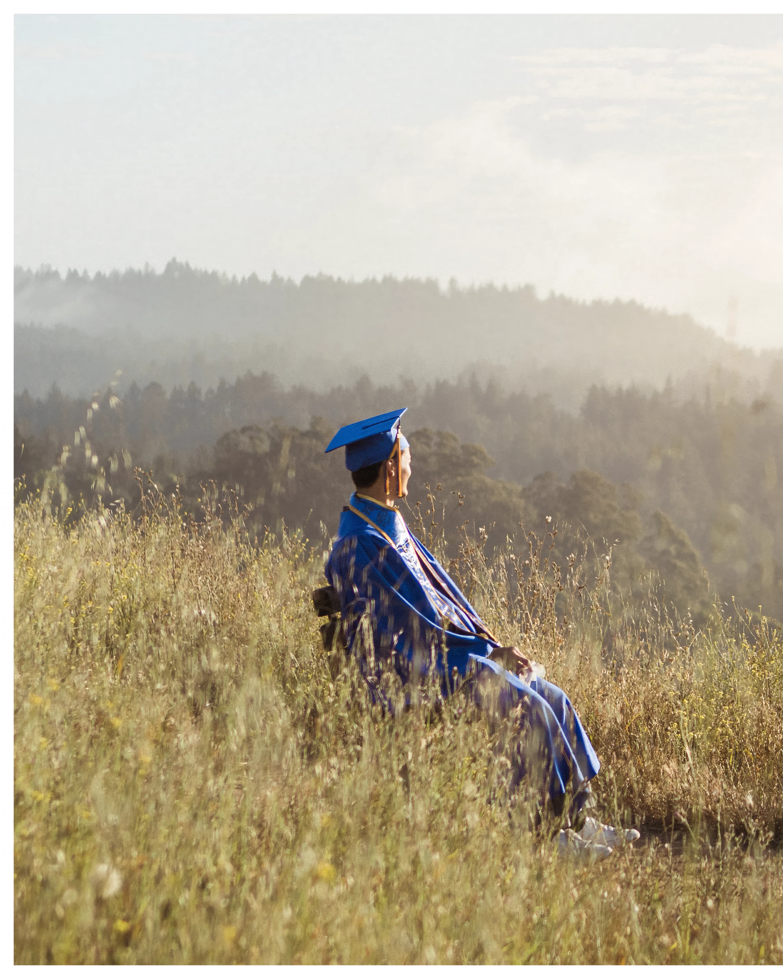 A graduate in blue sits in sunlit grass, looking across hazy wooded hills.