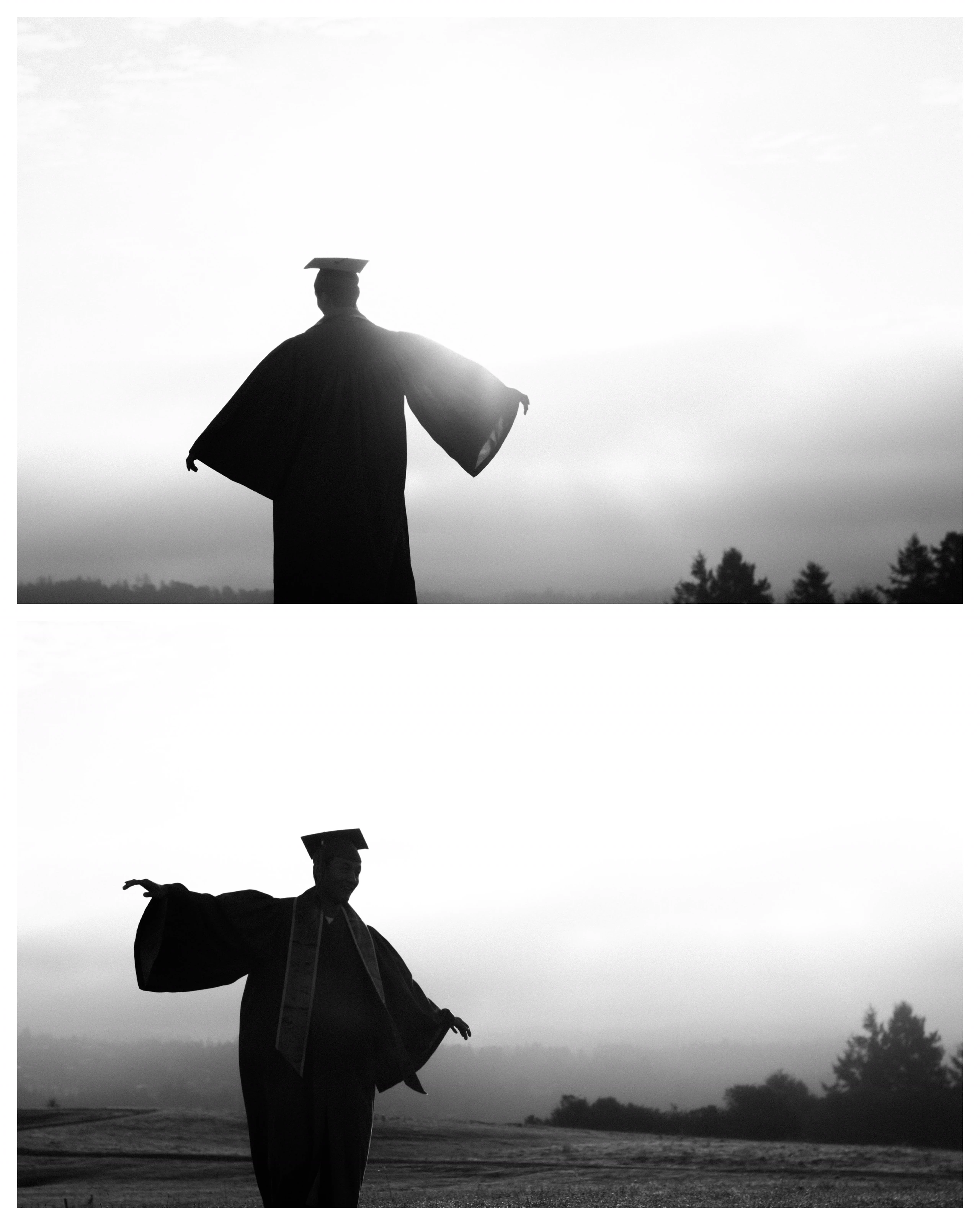 Two black-and-white photographs show the graduate with arms open against a bright sky.