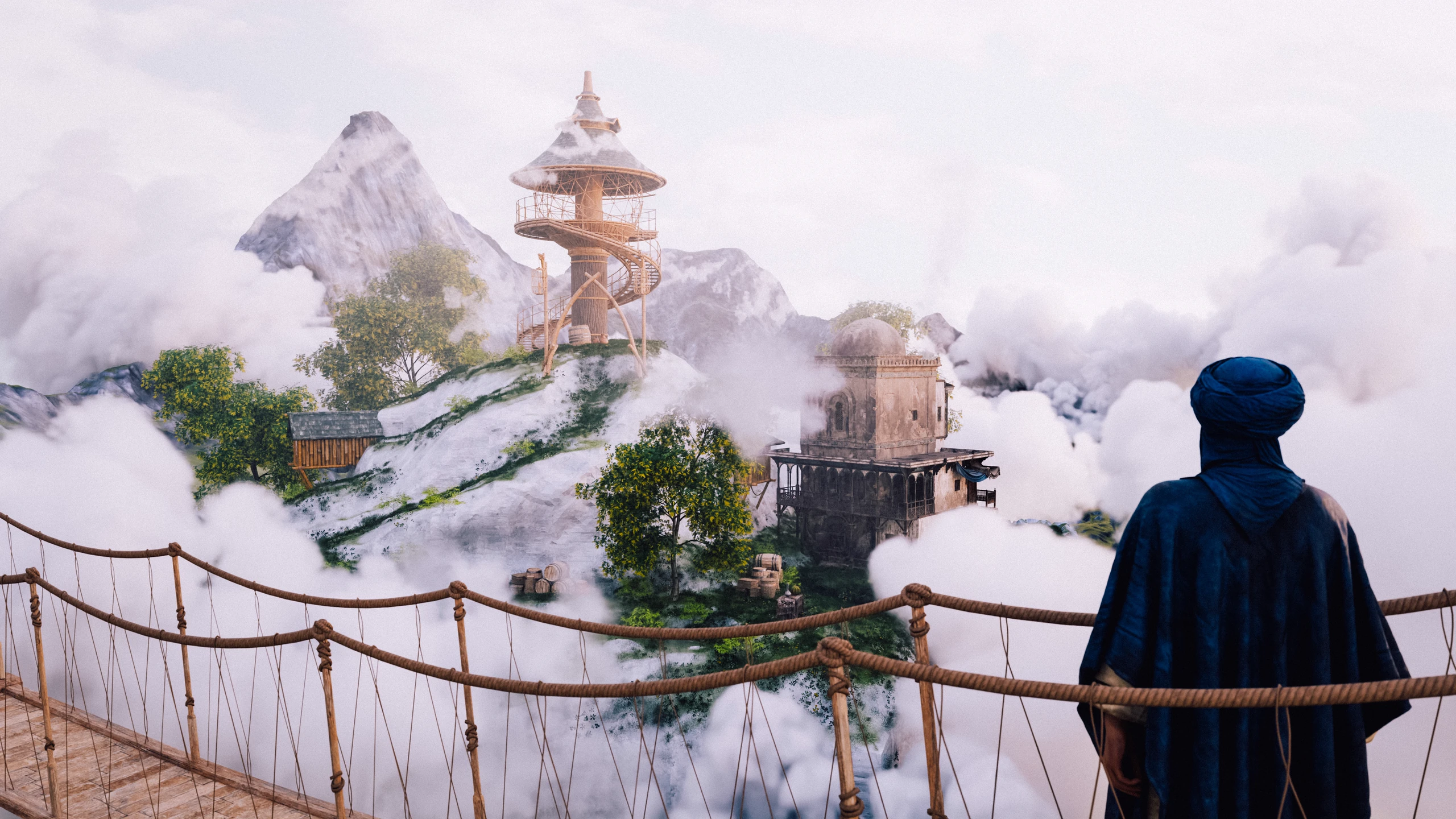 A blue-cloaked traveler on a rope bridge faces a mountain settlement and wooden lookout among clouds.