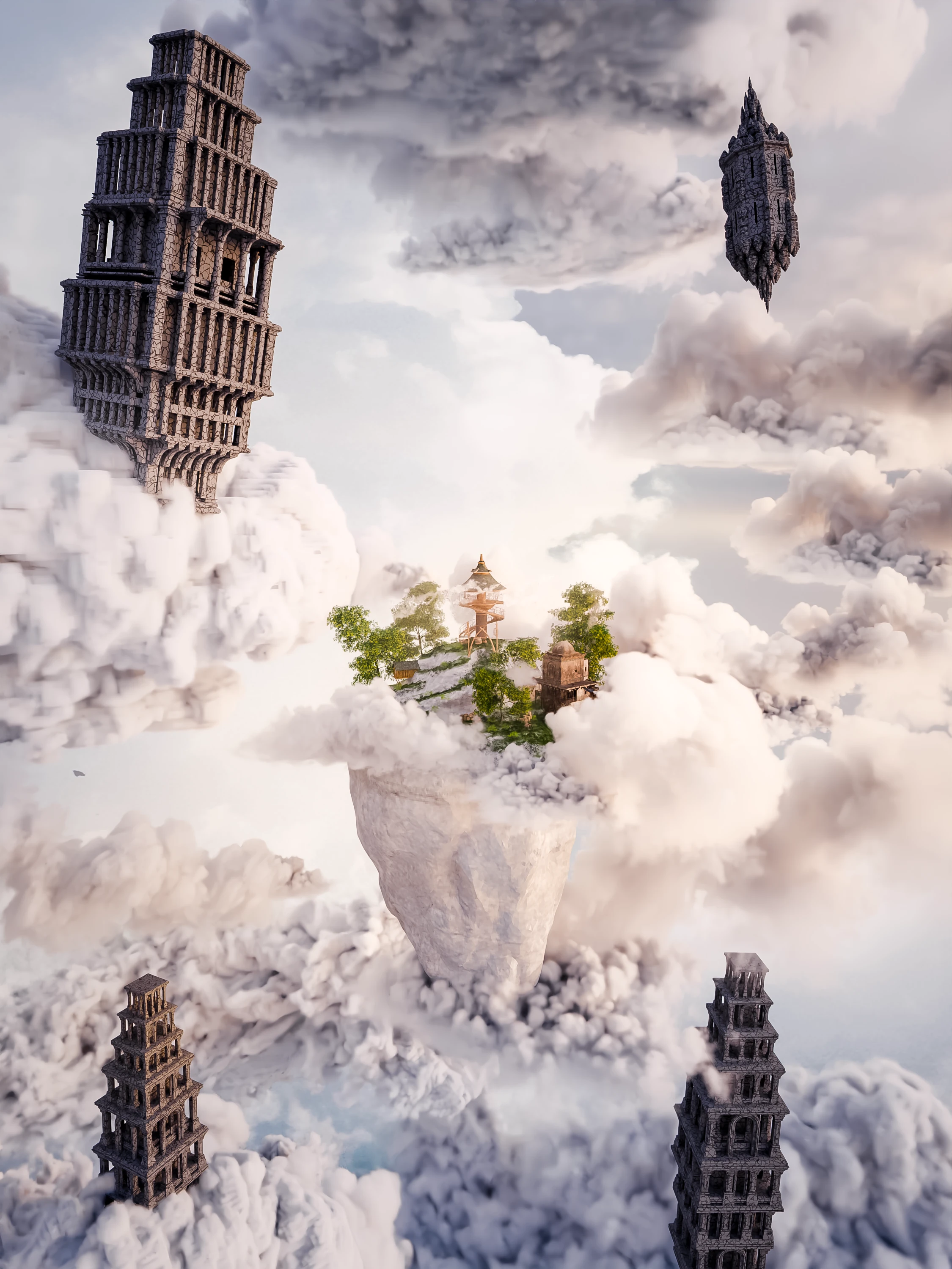 A small green settlement on a floating island is surrounded by clouds and suspended stone towers.