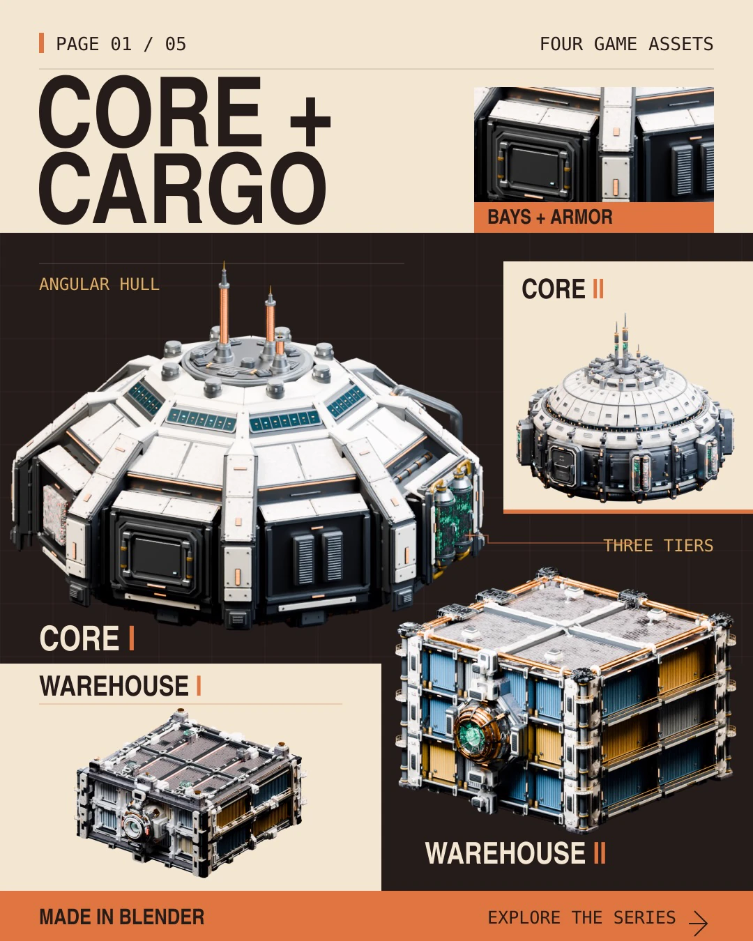 Presentation of Core I, Core II, Warehouse I and Warehouse II, with white industrial panels and dark mechanical fittings.