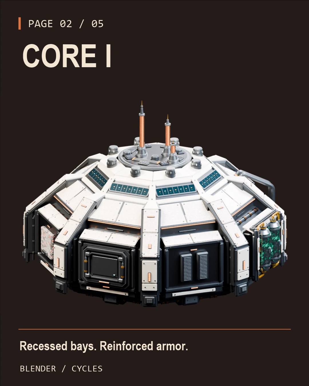 Core I, a circular industrial structure with angular white armor panels, recessed bays and antennae.
