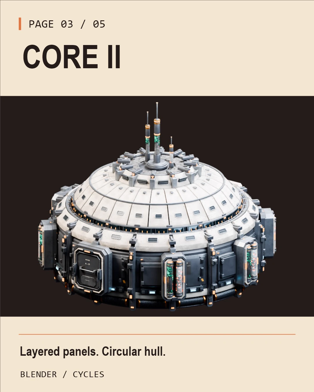 Core II, a circular industrial structure with layered white panels, dark exterior bays and antennae.