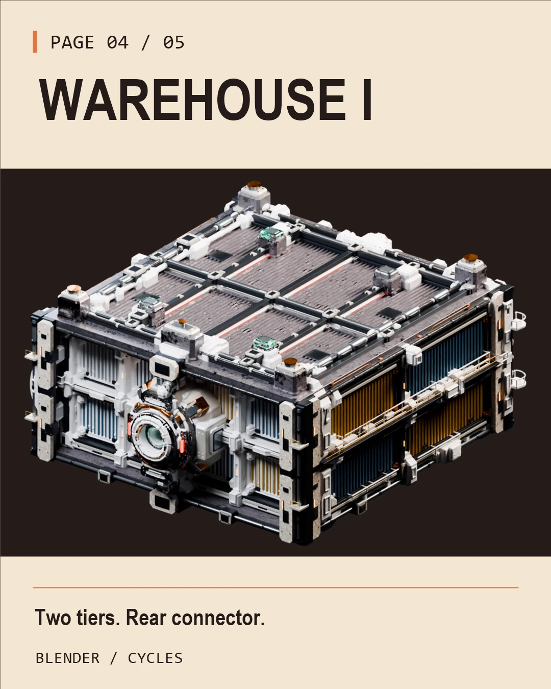 Warehouse I, a rectangular two-tier industrial structure with white framing and a round exterior connector.