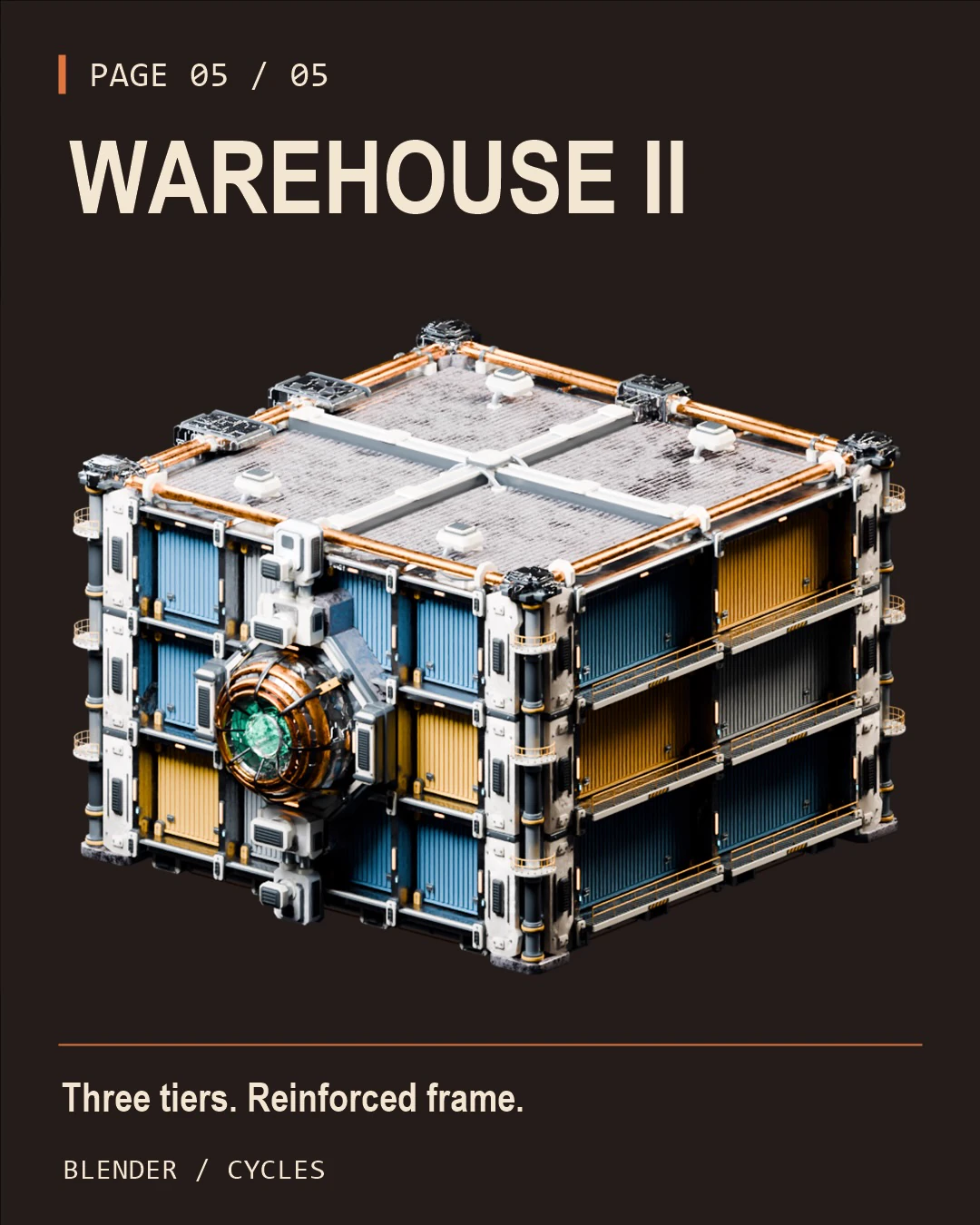 Warehouse II, a rectangular three-tier industrial structure with white framing, blue and yellow panels and a round exterior connector.