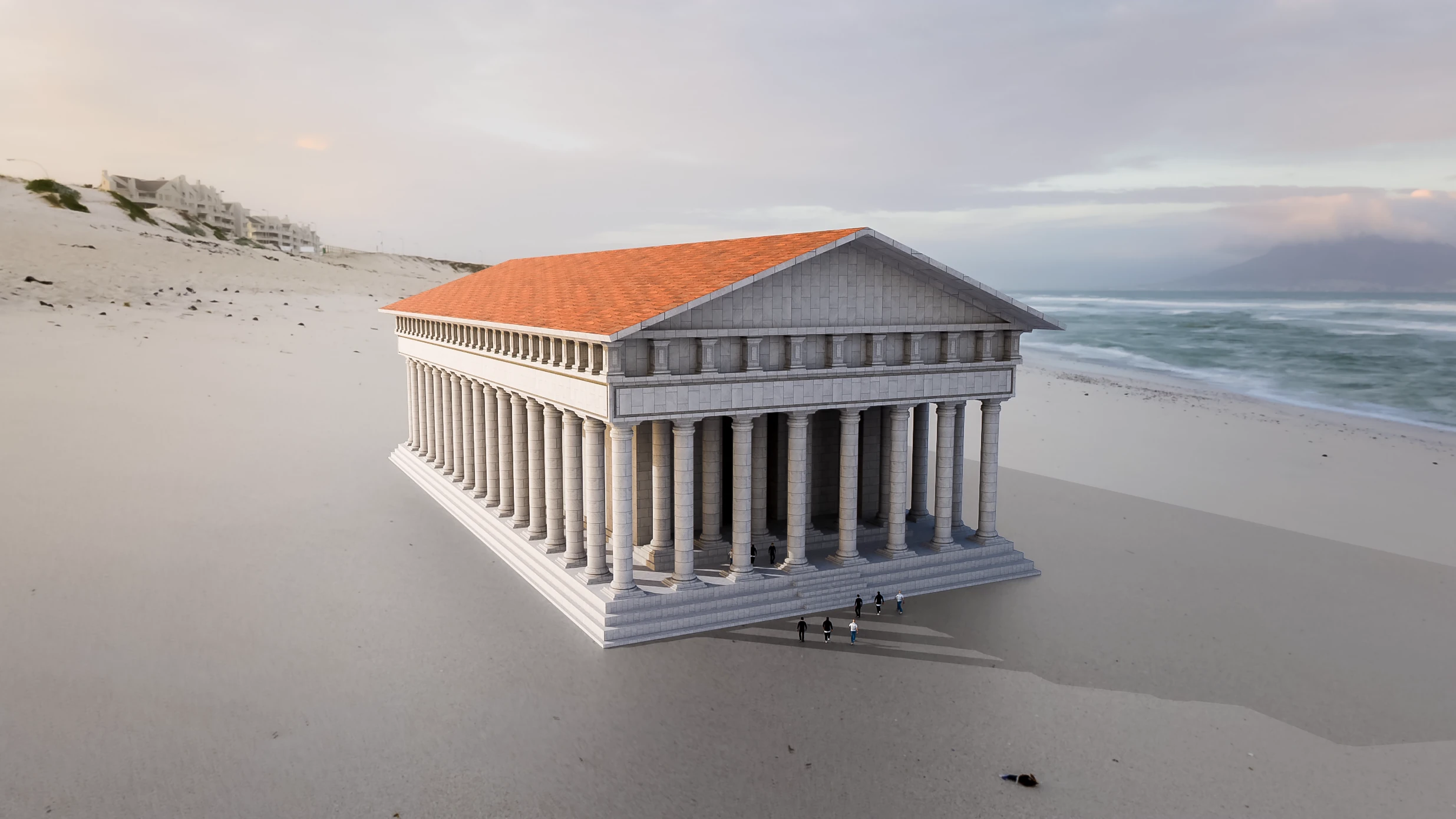 A pale stone classical temple with an orange tiled roof stands on a beach beside the sea, with small figures at its steps.