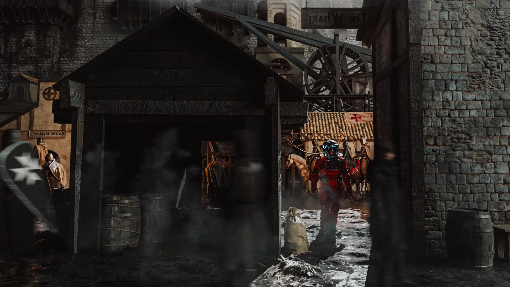 A red-suited astronaut walks through a medieval stone street beside wooden stalls and a horse and rider.