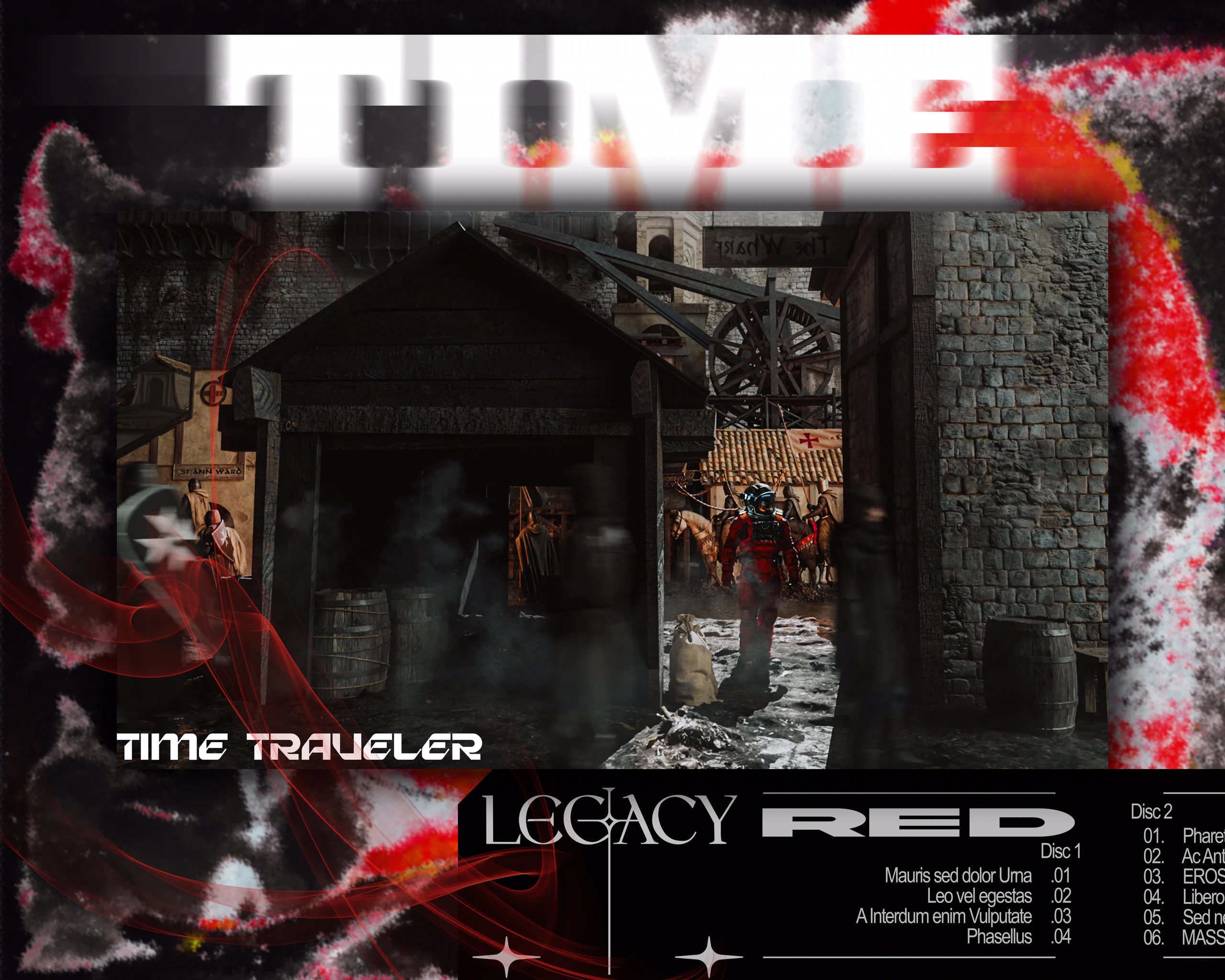 Presentation sheet for Time Traveller with the astronaut in a medieval street.